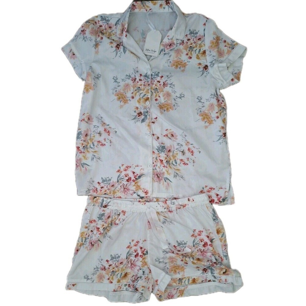 Seline Lounge 2 Piece Satin Pajama Shorts Set Size XL White Floral Print New